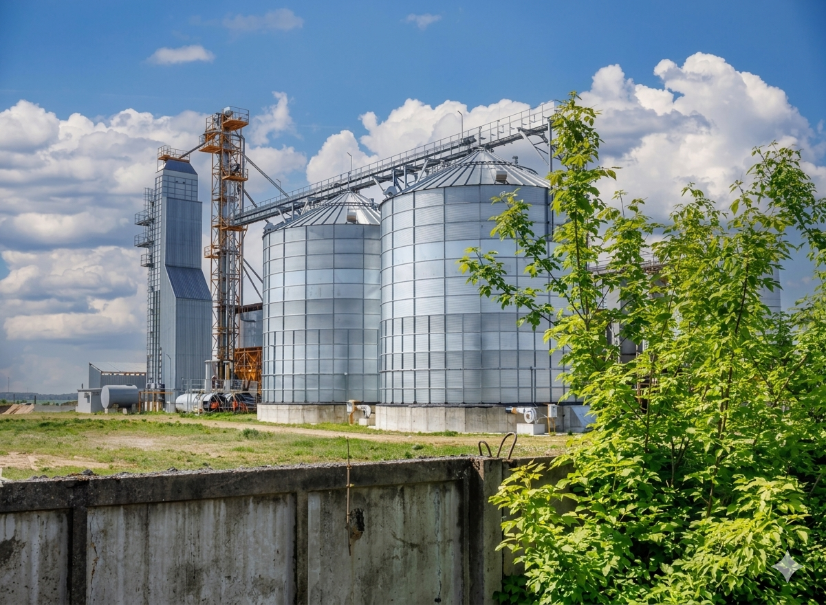 Silos de almacenamiento y torre de proceso en instalación agroindustrial